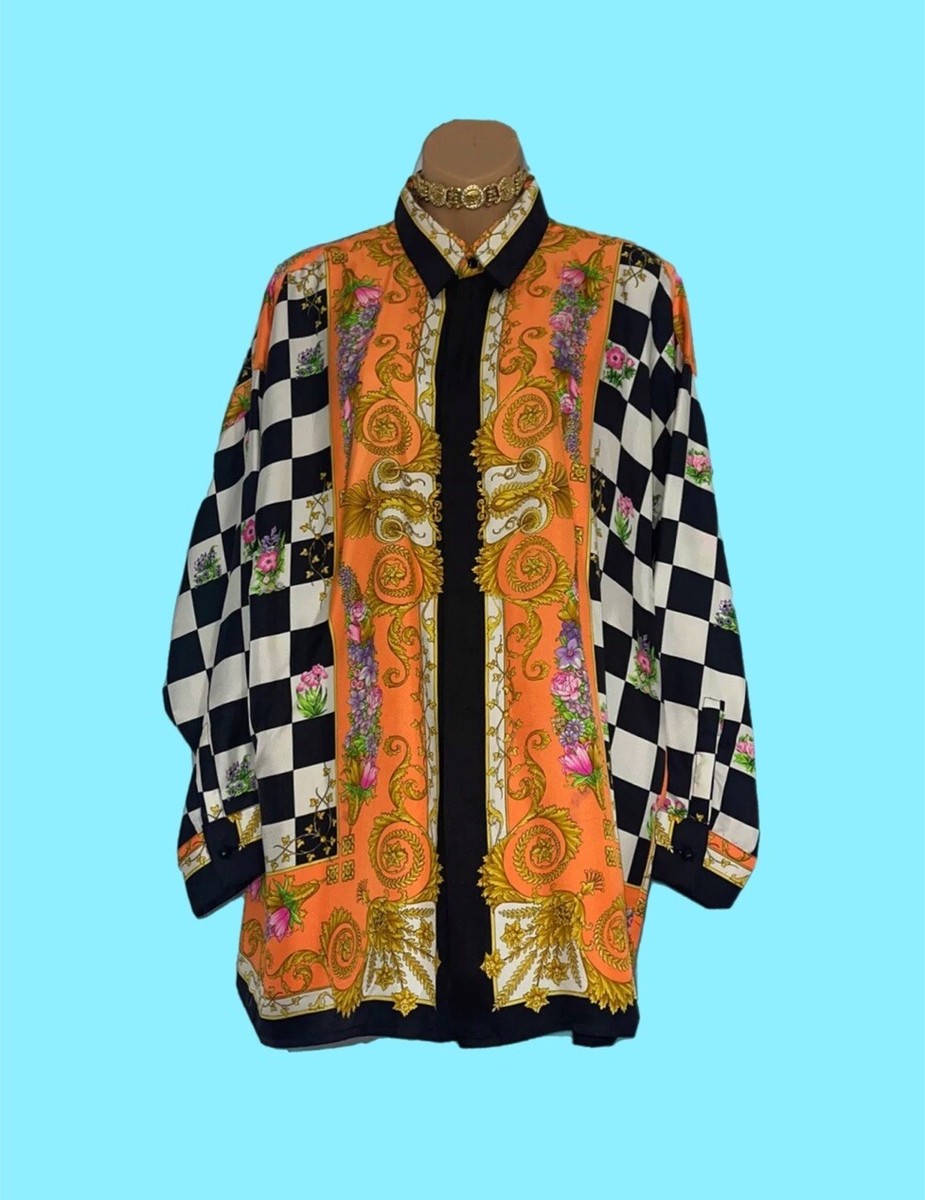 Gianni Versace Vintage 90s Silk Shirt Size IT 48 Checkered Floral
