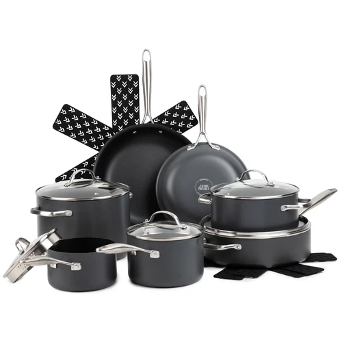 Hard Anodized 15-Piece Cookware Set Non-Stick - Black