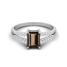 Emerald Cut Natural Smoky Quartz 925 Sterling Silver Solitaire Engagement Ring