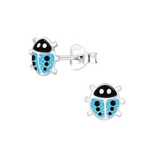 Blue Glitter Ladybug Studs - 925 Sterling Silver Blue Ladybug Post Earrings