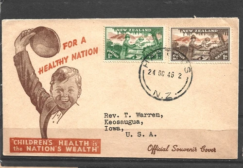 New Zealand 1946 Health FDC Neat Typed  Address to Iowa USA