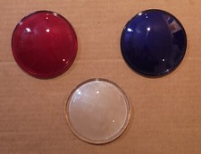 Three Vintage Pyrex Glass Stage Light Lenses 4" Diam. Blue, Red, Clear