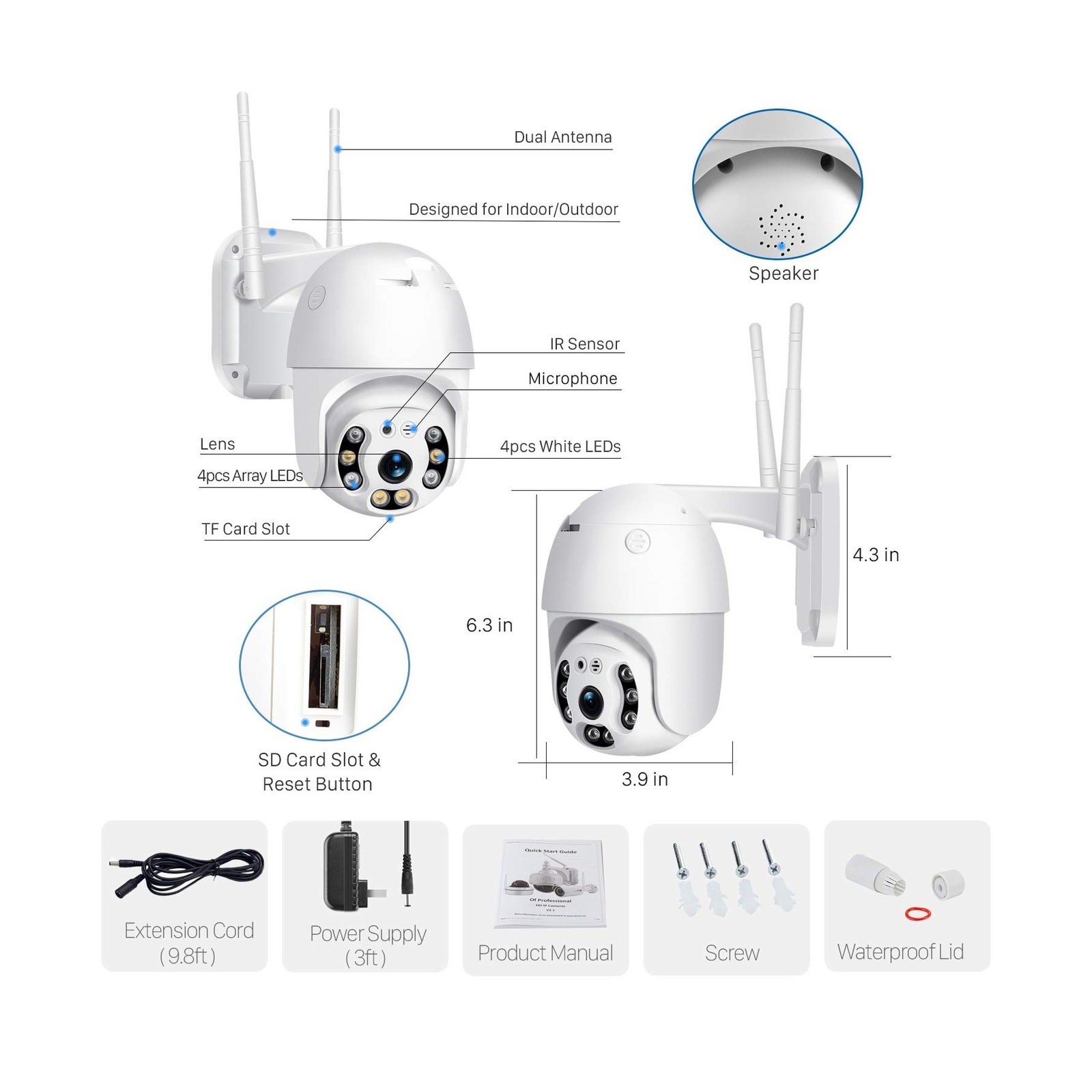 Pan Tilt Outdoor Security Camera, 1080P Home WiFi IP Camera, Pan Tilt Dome Su...