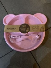 Baby Entw&ouml;hnung Teller Set B&auml;r Bambus Teller L&ouml;ffel Gabel rosa