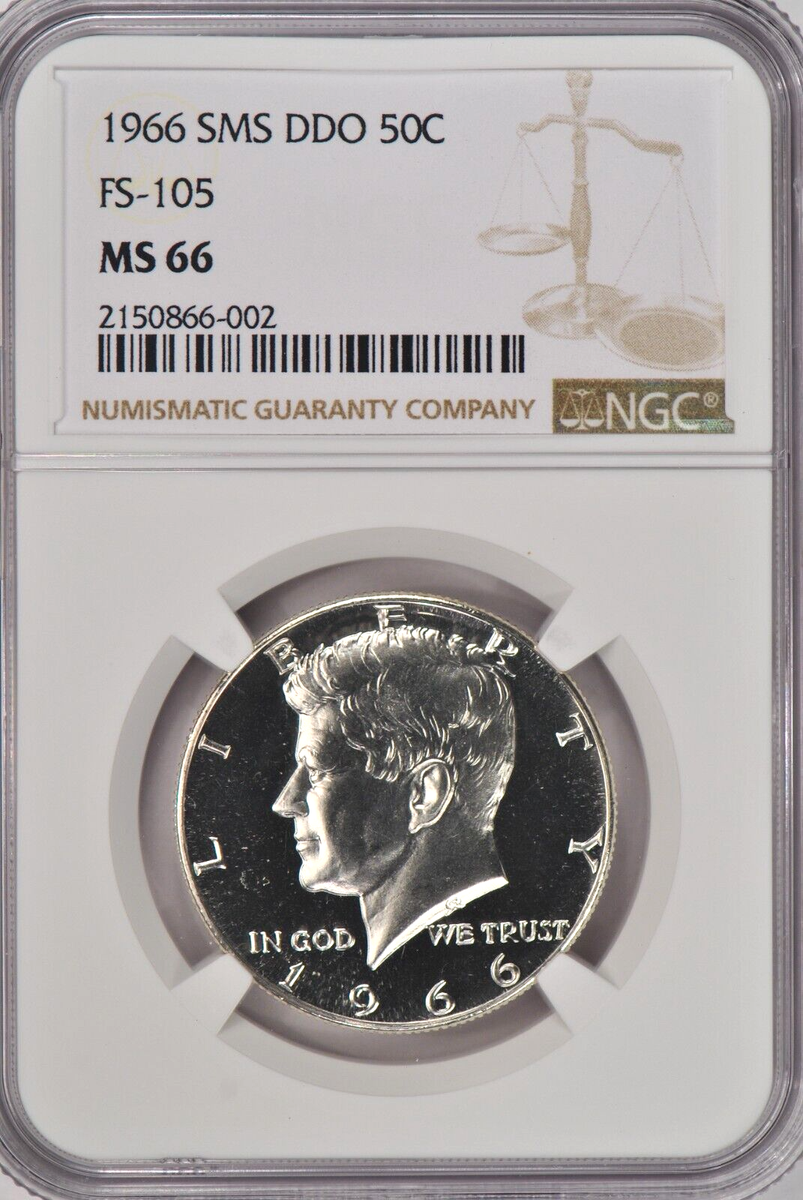 1966 SMS Kennedy Half Dollar NGC MS 66 SP66 DDO FS-105 Variety