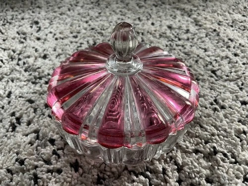 Anchor Hocking Vintage Old Cafe Cranberry/Pink  Striped Glass Candy Dish W/ Lid