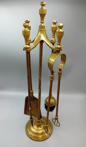 BRASS FIRE HEARTH TOOL SET 52 cm Brush, Poker, Shovel and Tongs USED & TARNISHED