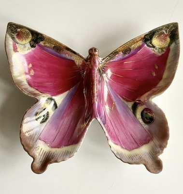 VTG Occupied Japan Butterfly Wall Plaque Hand Painted Jewel Tone Porcelain 40's