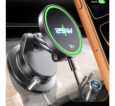 OPEN BOX Lisen Qi2.2 Black Suction Mount Wireless Charger, Magnetic Phone Holder