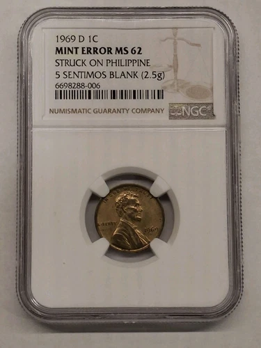 1969-D Cent Struck on Phillipine 5 Sentimos Mint Error NGC MS 62