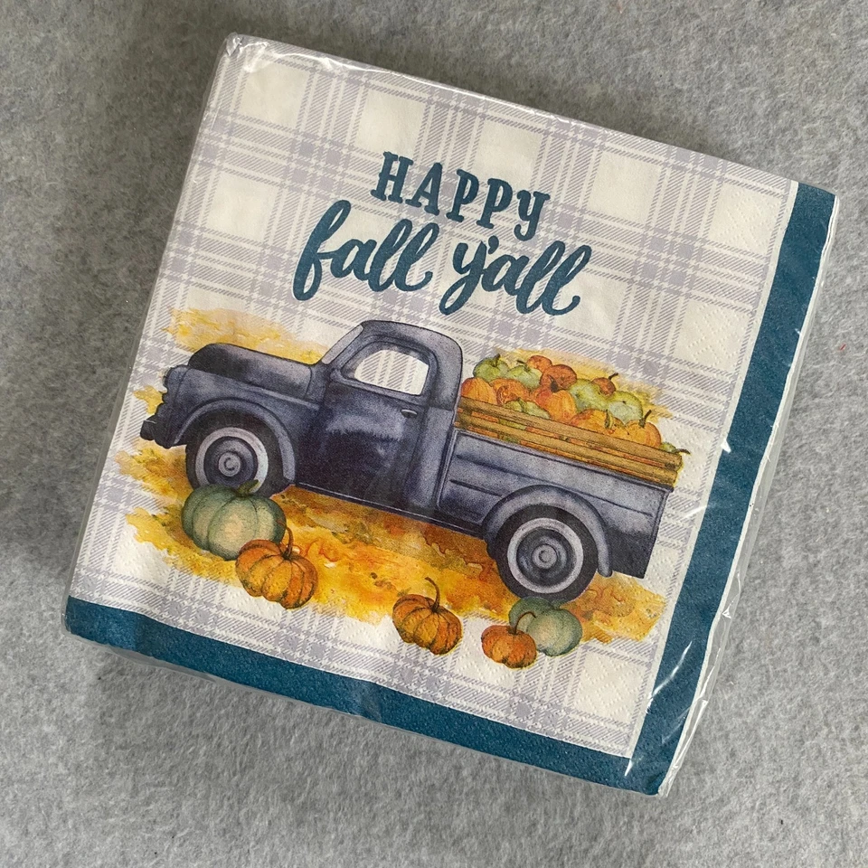 Servilletas de almuerzo de otoño 32 unidades Happy Fall Y'all azul a cuadros camión calabazas NUEVO Foto 3 de 4