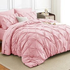 HIMEET Full Size Comforter Set Pink - 7 Pieces Pintuck Bed in a Bag  OEKO-TE...