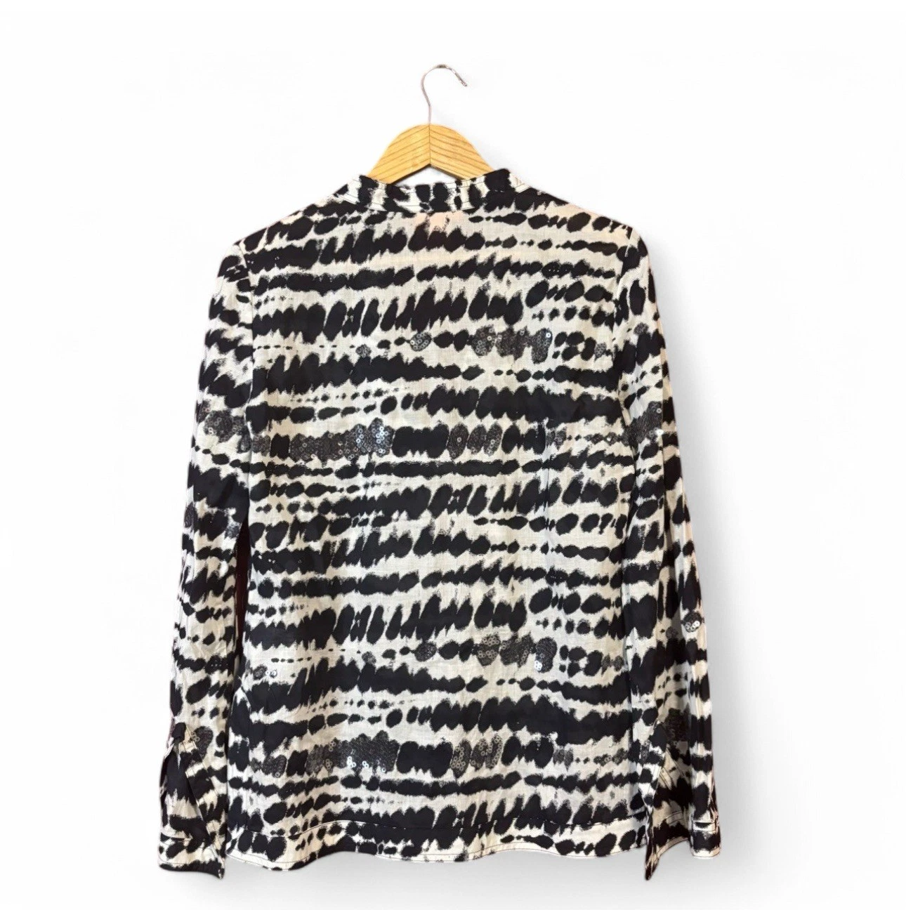 Top tunica donna Tory Burch taglia 8 nero bianco stampa paillettes blusa cotone