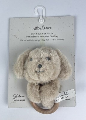 Natural Love Beachwood Teething Ring Faux Fur Puppy Rattle