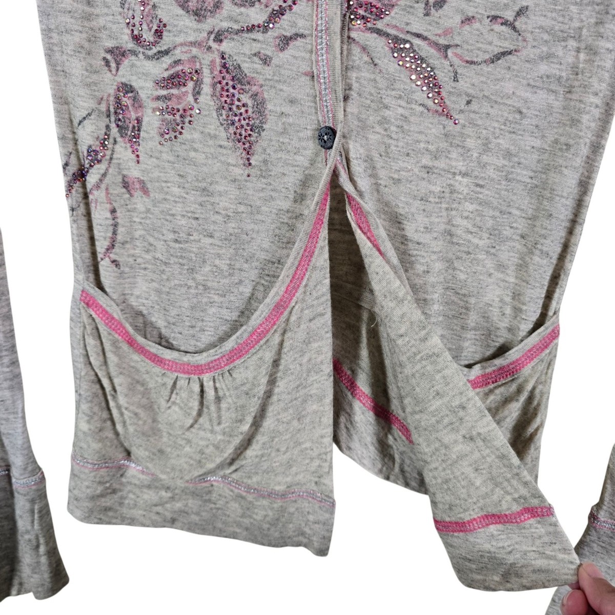 Y2K Sweet by Miss Me Womens Gray Pink Rhinestone Bling 3 Button Long Sleeve XS View 6