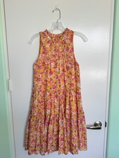 Ann Taylor Women's Medium Floral Tiered Midi Dress Mustard Pink Sleeveless Lined