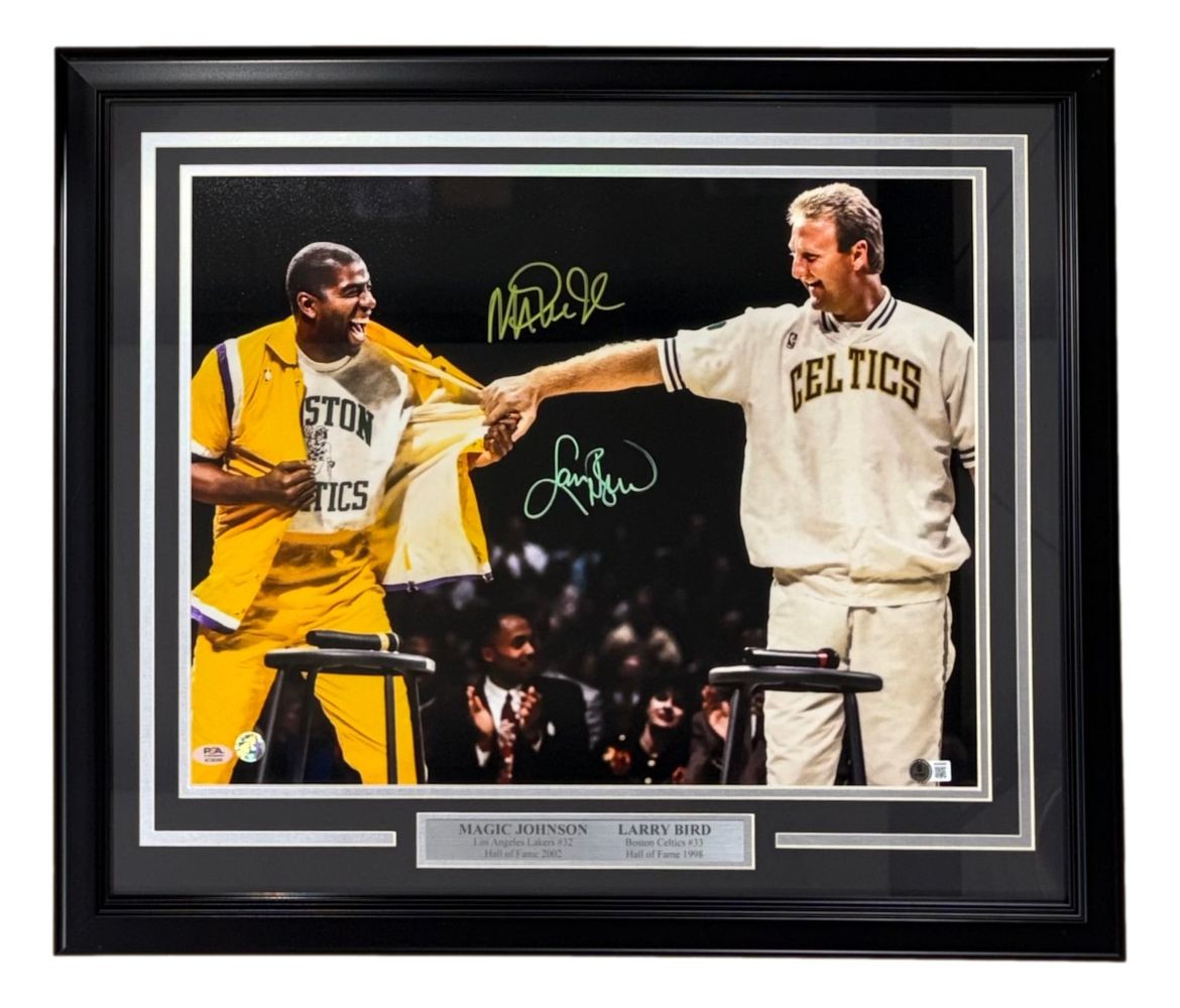 Larry Bird Magic Johnson Signed Framed 16x20 Boston Shirt Pull Photo PSA+BAS