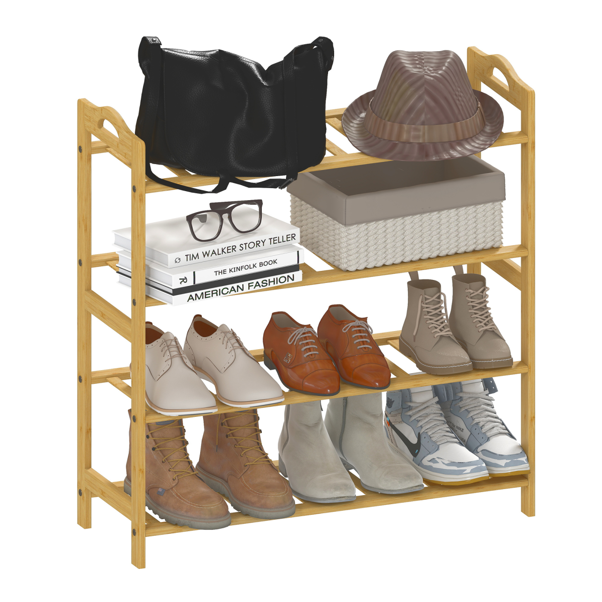 HOMCOM 4-Tier Shoe Rack Bamboo Shoe Shelf Stand Natural Wood Finish
