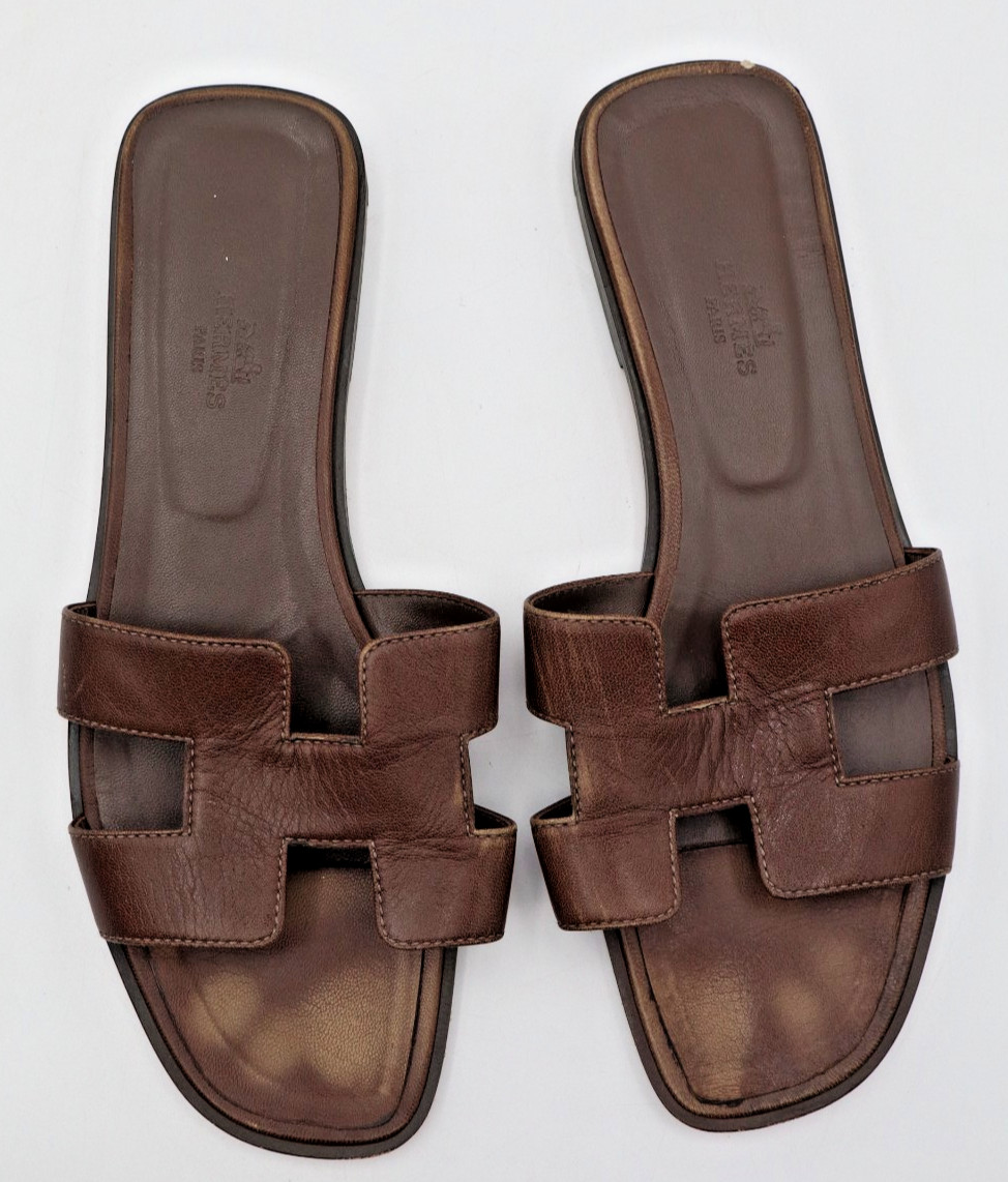 Authentic Hermes Oran sandals In Brown Calfskin Size 40