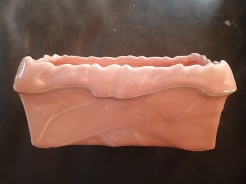 Vintage 1940s McCoy Pink Peach Rectangular Flower Pot Planter with Strap Design