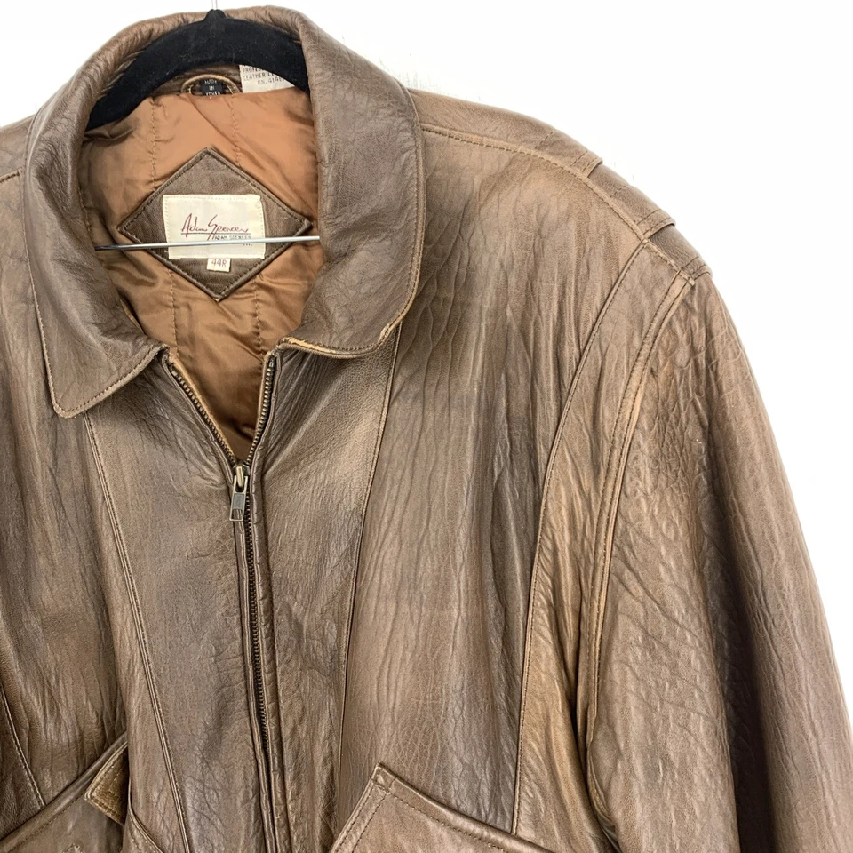 Винтажная мужская кожаная куртка-бомбер Adam Spencer 44R искусственно состаренная гранж зимняя коричневая - Изображение 3 из 4