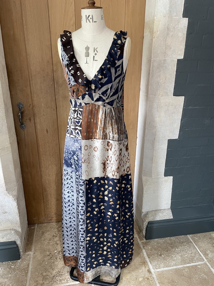 Womens Vintage Jigsaw 100%silk Navy Tan Dress Size 10 UK