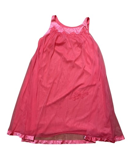 Vintage Gossard Artemis Pink Nightgown Medium 1960s Chiffon Layer Lace Appliqué - Picture 9 of 10