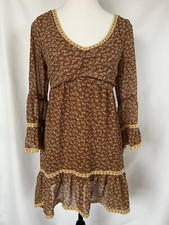 Blu Pepper Womens Cottage Core Brown Bell Sleeve Bohemian Mini Dress Small