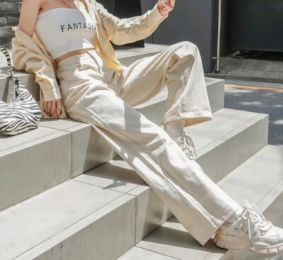 パンツ Siyazu SIJN6062 New Wide Cream Gin_Cream Shein* DAZY Cream High Waisted Wide Leg Jeans / Size UK 2XS
