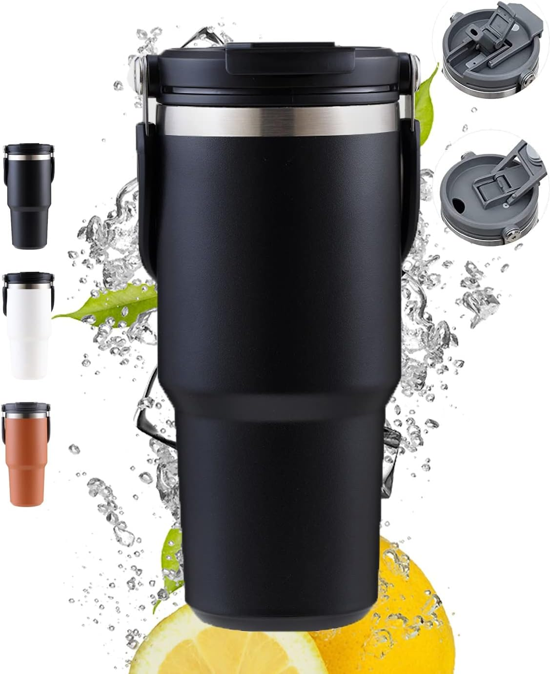 30Oz Black Insulated Tumbler with Lid, Straw, Handle, Double-Wall Travel Mug