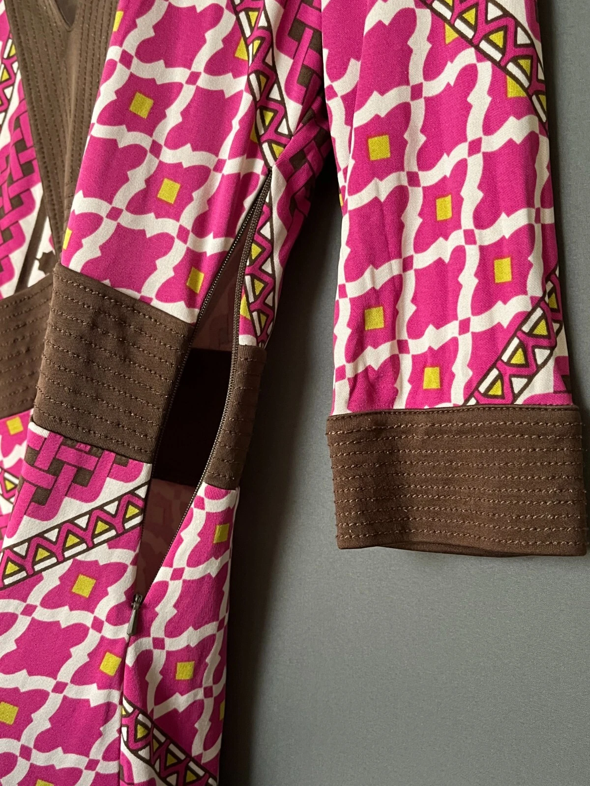 TORY Burch Abito Donna 100% Seta Geometrico XS Rosa Marrone Scollo V Manica 3 4