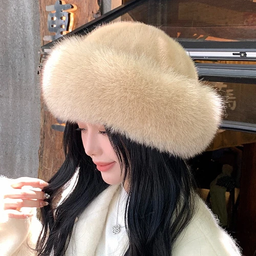 Women's Real Mink Fur Hat Bucket Hat Bowler Hat Warm Cap W Fox Fur Outdoor - Picture 3 of 44
