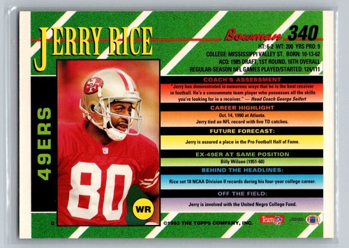 1993 Bowman Folie Jerry Rice #340 - HOF NM-MT *TEXCARDS* - Bild 2 von 2