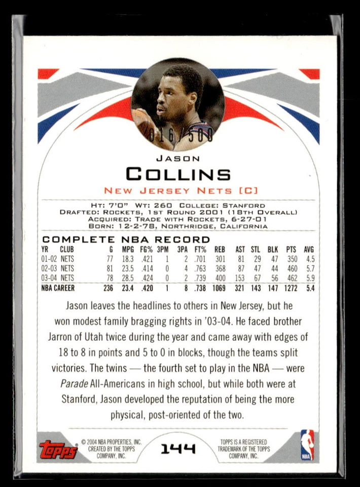 2004 Topps #144 Jason Collins Black Refractor /450 - Image 2 of 2