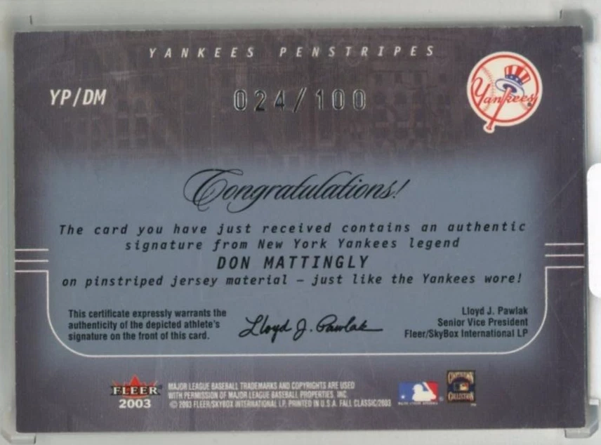2003 FLEER Fall Classics Don Mattingly Yankees Penstripes Auto /100 Anniversary - Image 2 of 2