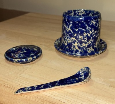 BENNINGTON POTTERY BLUE AGATE JAM JELLY POT JAR With LID & SPOON Sponge Ware