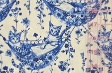 100 Cotton Woven Novelty Fabric Cats In Hammocks Blue By The 1/4 Yard 9x56