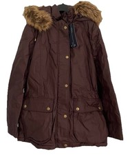 M&S Sze 10 Petite Brown Waxed Cotton Fleece Lined Detachable Trim Coat BNWT New