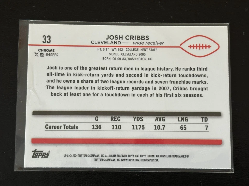 2024 Topps Chrome JOSH CRIBBS Green Sparkle Refractor #33 Cleveland 99/99 - Image 2 of 2