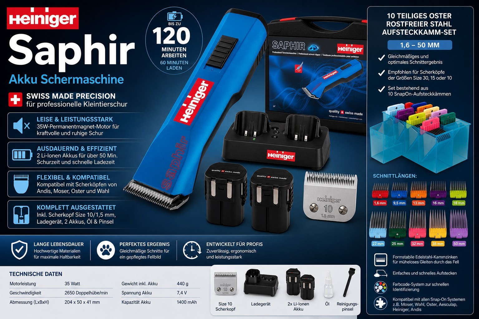 HEINIGER SAPHIR 2 Cordless Clipper With Snap-On Blade 1,5 mm 707-750 70K - Image 3