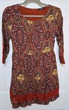 Fury Bohemian Inspired Short Dress 3/4 Sleeves Lace Detail Multicolor Size Small