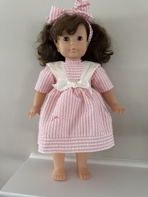 Vintage 18 inch Gotz Puppe Doll with Gotz Pink White Striped Dress Curly Hair