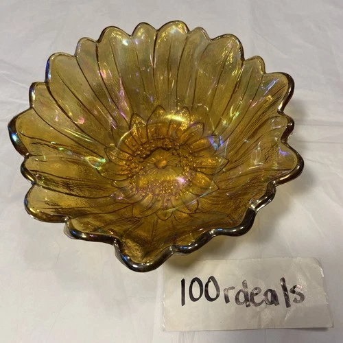 Vintage Indiana Carnival Glass Marigold Sunflower Bowl 7" Iridescent Amber
