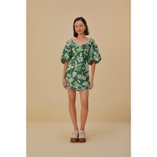 Farm Rio “Forest Soul” Green Linen Puff-Sleeve Mini Dress 