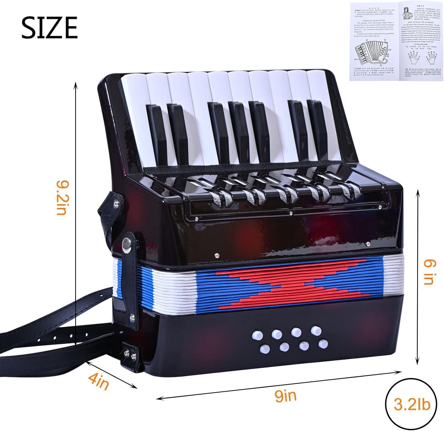 LIEKE Accordion 17 Piano Keys 8 Bass Button Accordion,Kids Musical Black 