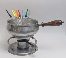 Vtg MCM B.W. Buenilum Fondue Set Braided Edge W/Rainbow Forks