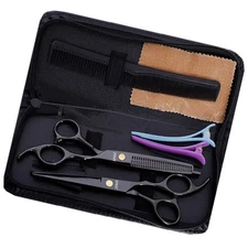 6 Black Hair Cutting Scissors Set, Barber, Thinning, Texturizing Shears Kit