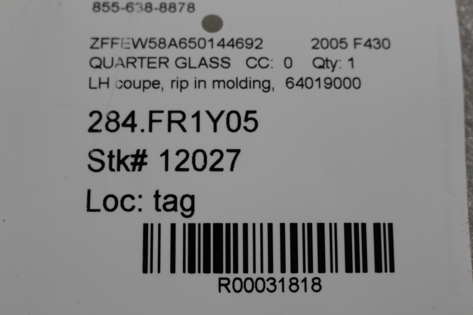 Ferrari F430, 360, Coupe, LH, Left, Quarter Glass, Dmg, Used, P/N 64019000