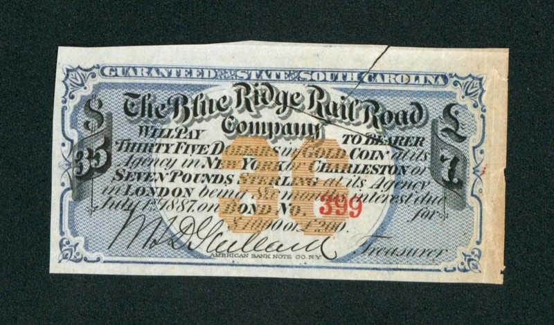 ((BOND COUPON)) $35 1879 The Blue Ridge Rail Road Company (( TAPE ))
