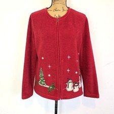 Croft  Barrow Womens Sz M Sweater Zip Up Red Fleece Snowman Winter